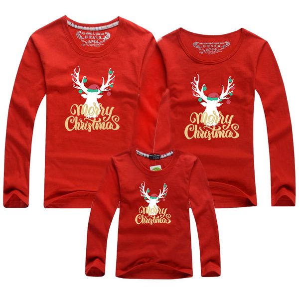 T-shirt Family Look Christmas Elk Claus Renna Stampa T-shirt Top rosso Abiti abbinati Manica intera 210429