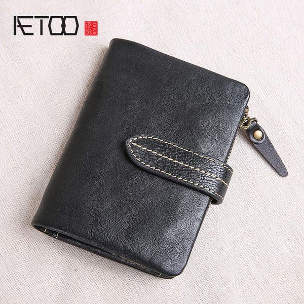 

wallets aetoo handmade leather wallet male short paragraph three-fold buckle zipper first layer youth personality tide vertical, Red;black
