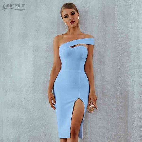 Adyce Weiß Blau Bodycon Verband Kleid Sommer Sexy Elegante Schwarz Eine Schulter Trägerlosen Celebrity Runway Party Kleid 210719