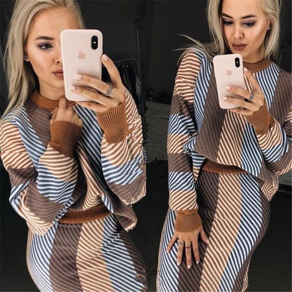 

women's two piece pants 2021 direct selling winter fashion suit skirt diagonal stripes round neck long-sleeved sweater two-piece female, White