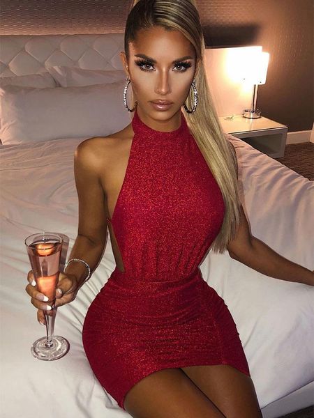 

casual dresses halter backless dress women summer glitter night club party bodycon robe femme elegant lace up ruched mini vestidos red, Black;gray