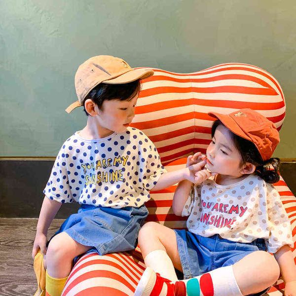 

1-7y kids bebe girls t-shirt cotton brand 2021 infant children summer tshirt baby boys clothes kids polka dot letters tee g1209, Blue