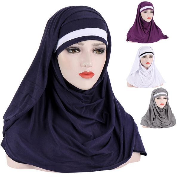 

solid color hair wrap scarf forehead color match jersey hijabs muslim headband women turban hair cap headscarf 2021 2pcs/set, Blue;gray