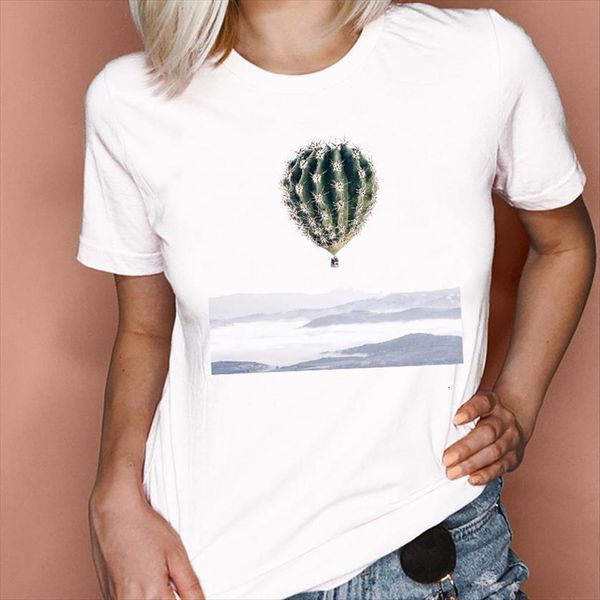 

graphic cactus travel short sleeve women t shirt beach fashion style 90s cartoon summer print female clothes tees, White