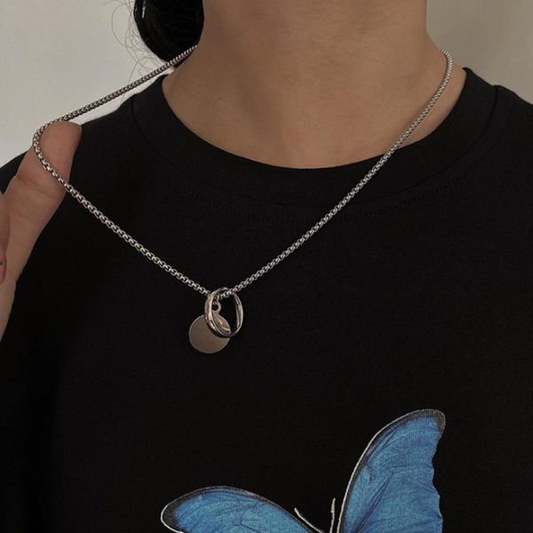 

pendant necklaces girl trend punk ring necklace stainless steel wild iron goth hip hop for women, Silver