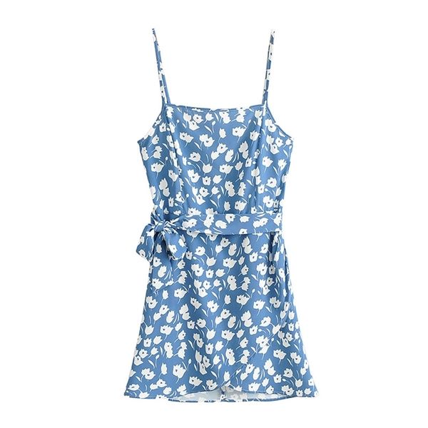 

spaghetti strap mini summer dress with belt women blue floral print backless dresses club party short dress for girls 210524, Black;gray