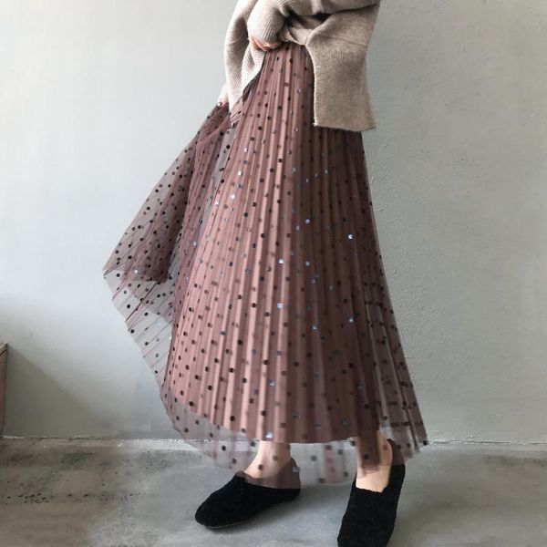 

skirts lining thick yarn skirt spring 2021 pleated elastic waist mid-length polka dot mesh commute, Black