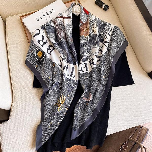 

scarves classic european and american style summer women's fashion scarf graffiti pattern printing 90cmx90cm small squares festival gif, Blue;gray