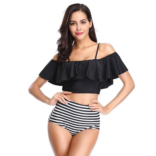 

women's swimwear women bikini 2021 retro high waist set ruffles swimming suit female brazilian biquinis, White;black