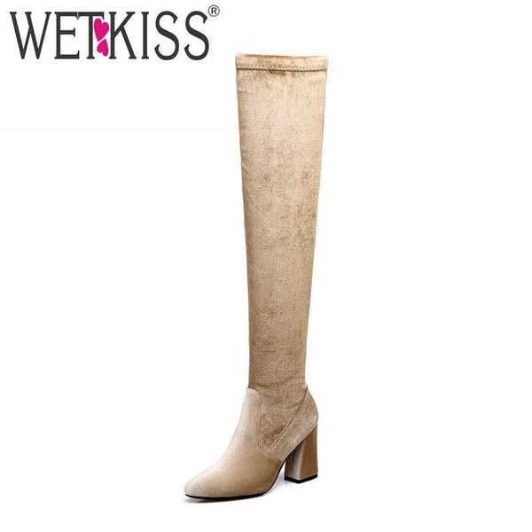 

wetkiss winter thick high heels stretch boots flock female shoes warm hoof heels footwear autumn over the knee elastic boot 210630, Black