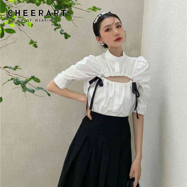 

hollow out puff sleeve white stand collar bow tie women and blouses summer korean fashion clothing 210427