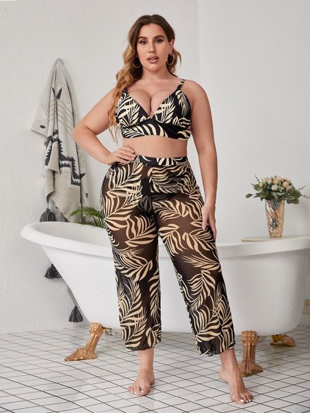 

3pack plus leaf print triangle bikini swimsuit & cover up pants v9te#, Black