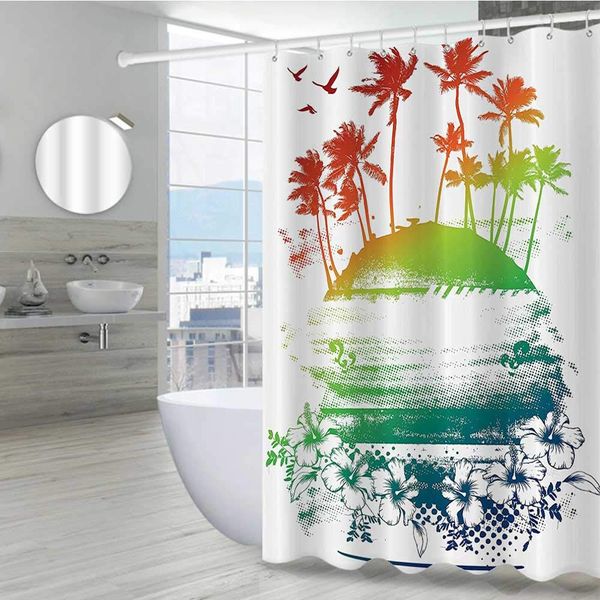 

ocean island decor fun shower curtain 72" w x 72" l, grunge style artsy inky colorful summer scenery with palms and hawaiian