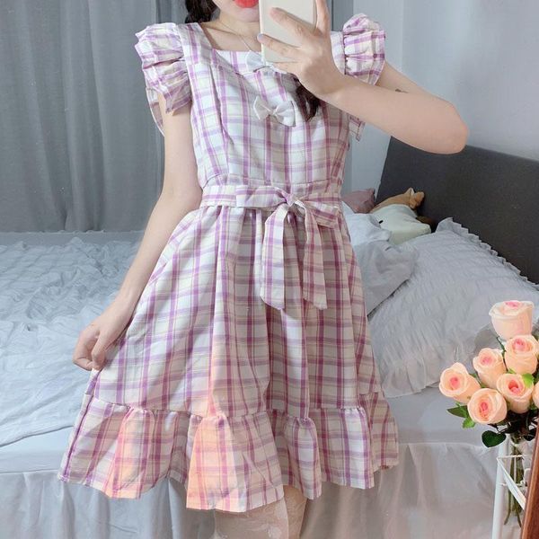 

casual dresses 2021 summer sweet lolita dress japanese kawaii soft girly square collar elegant cute bow plaid ruffle mini princess, Black;gray