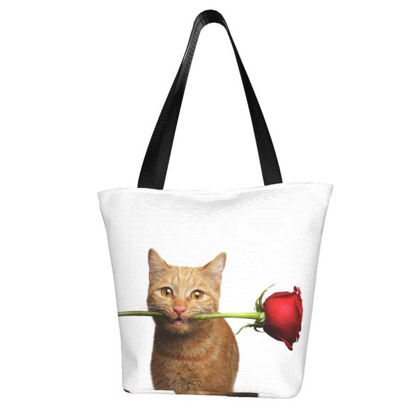 

duffel bags portrait of ginger cat brought rose shopping bag aesthetic cloth outdoor handbag female fashion