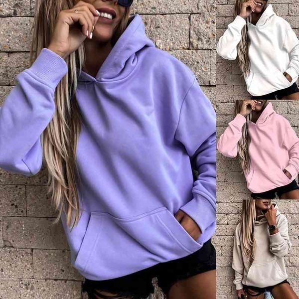 

women autumn solid color long sleeve pocket loose hoodie pullover, Black