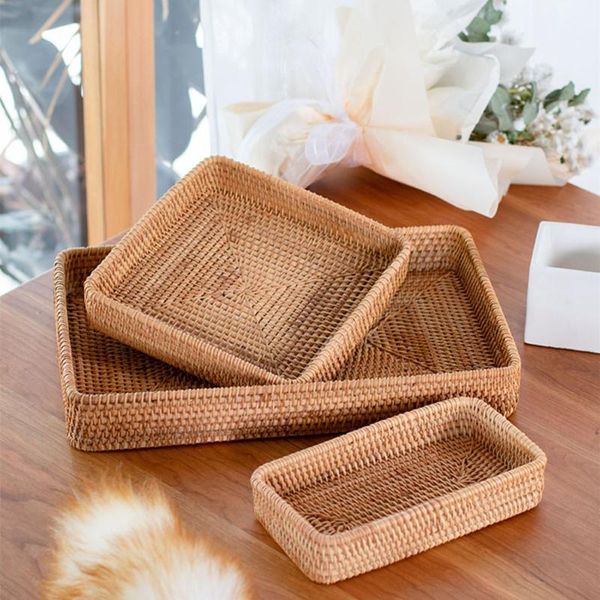 

storage baskets handwoven rattan basket square wicker tray picnic bread food plate fruit cake sundries box kitchen decoration