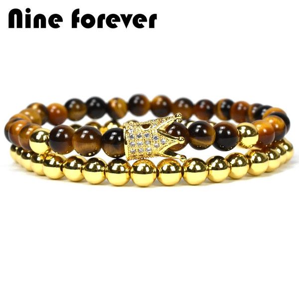 

charm bracelets nine forever natural tiger stone beads bracelet men jewelry king crown for women pulseira masculina bileklik, Golden;silver