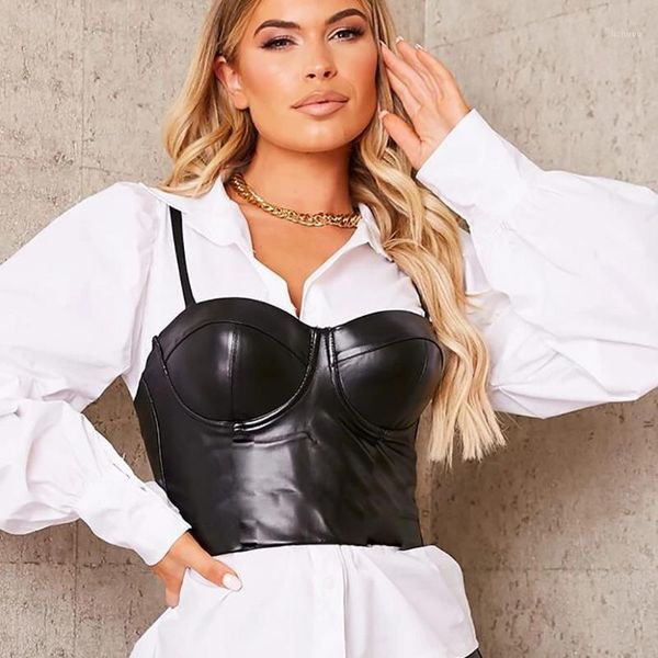 Bustiers Corsets Faux PU Кожа Sexy Corset Tops Tops Push Up Женщин клуб Вечеринка Без рукавов Без без рукавов Без без рукавов Без без рукавов Талией тонкий черный Короткий Бак Camis Top