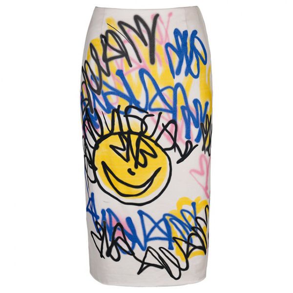 Carta bege Smiley Graffiti Imprimir Midi Long Skirt Empire Lápis S0301 210514