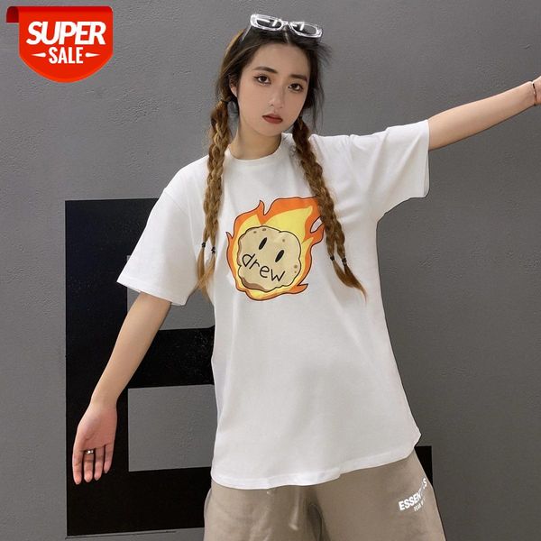 

drew smiley short-sleeved flame justin bieber t-shirt fog men and women net red with street brand loose #4n4v, White;black