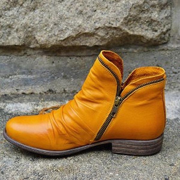 

women pu leather ankle boots autumn winter zipper vintage punk flat ladies shoes short snow mujer, Black