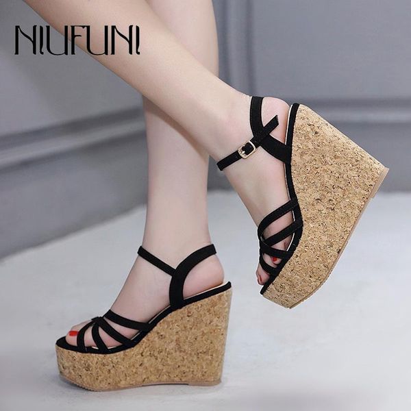 

dress shoes wedge peep toe women's sandals platform gladiator buckle roman niufuni 13cm high heels 2021 women size 34-39, Black