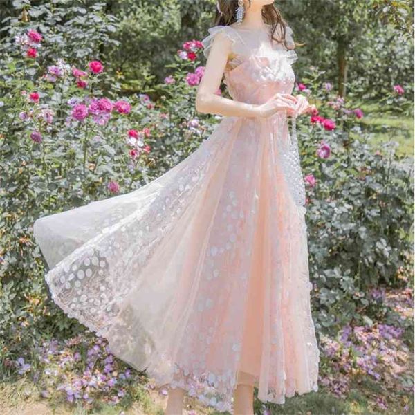 

elegant women sequins square collar mesh long dress vintage summer french ruffles sleeveless high waist slim fairy 210519, Black;gray