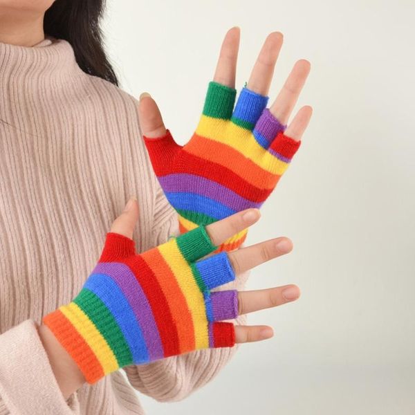 Пять пальцев перчатки детские зима вязаные полные половины палец радуги красочные полосатые варежки H7EF