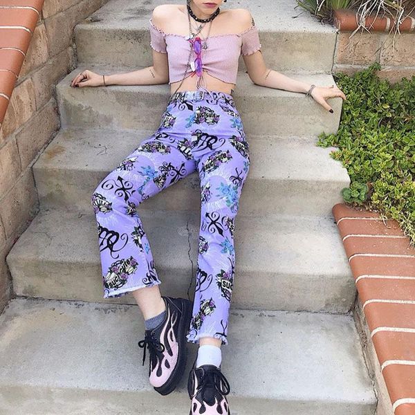 

women's pants & capris 2021 street fashion printed purple retro straight high waist women sweatpants, Black;white