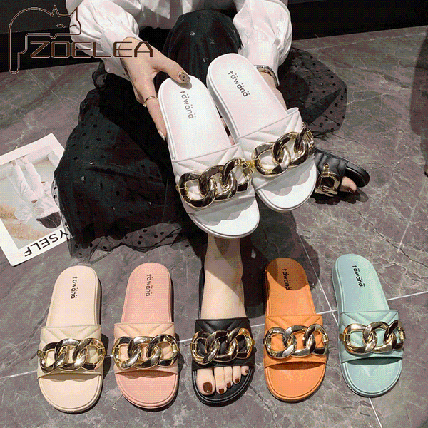 

slippers metal button designer women shoes square toe womens pu ladies summer soft-soled slides flats sandals, Black