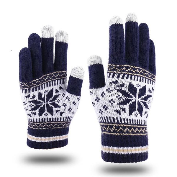 

five fingers gloves wool knitted women flower screen sense men fashion arrival warm thick winter snowflake full finger mittens, Blue;gray