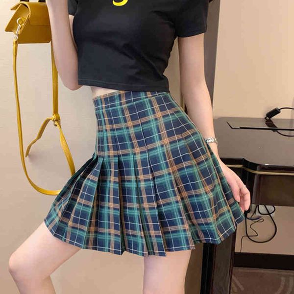 

skirts korean plaid printed high waist pleated woman stylish loose zip slim ladies summer women's mini skirt, Black