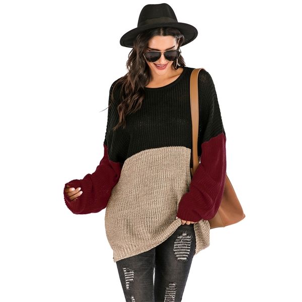 

large size thin sweater woman loose spring clothes for ladies color block knitted o neck long pullover jumper oversized knitwear, White;black