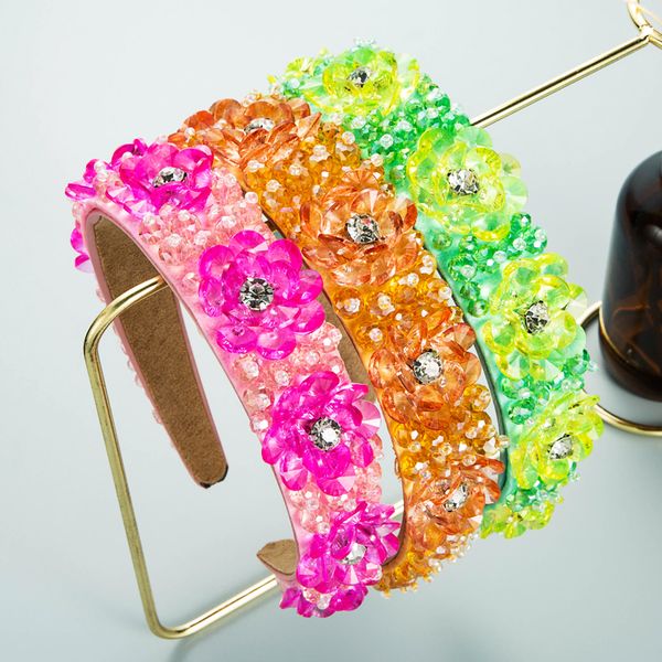 

personality candy color crystal flower headband luxury sparkly rhinestone beaded hairband bridal headwear, Silver