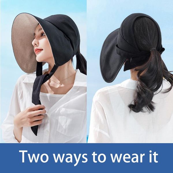 

wide brim hats [ptah] summer women's empty sun protection beach breathable comfort foldable windproof rope cap casual female, Blue;gray