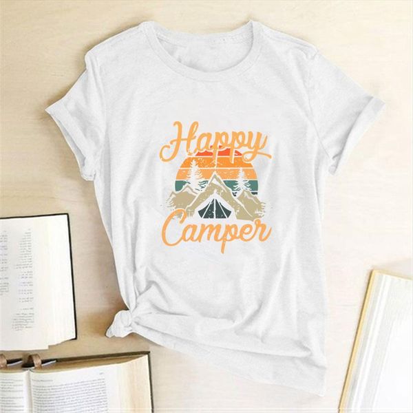 

happy camper print summer graphic womens tees streetwear harajuku for fashion crew neck camiseta mujer, White