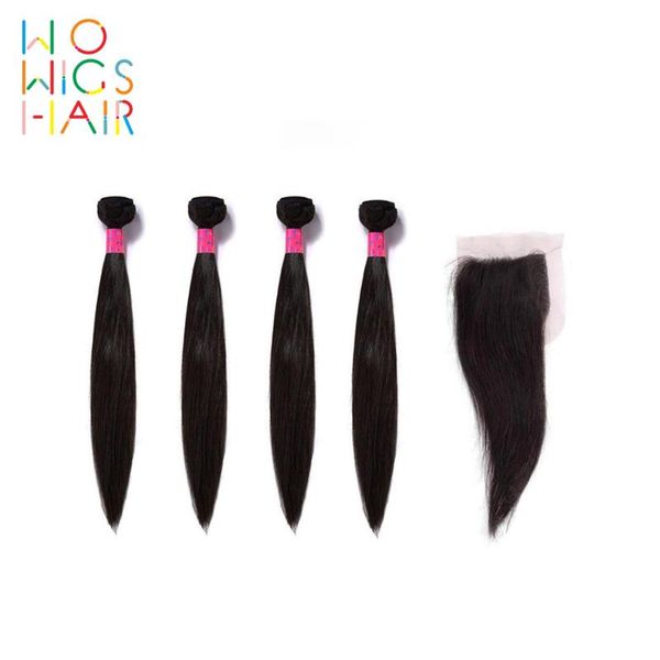 

human hair bulks wowigs burmese remy straight 4 / 3 bundles deal with lace closure natural color 1b, Black