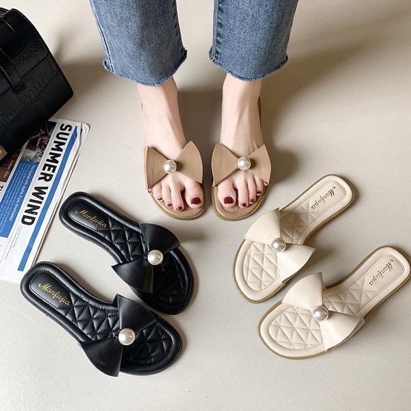 

slippers sweet knot bow women sandals fashion open toe ladies outdoor beach shoes comfort flat with 2021, Black