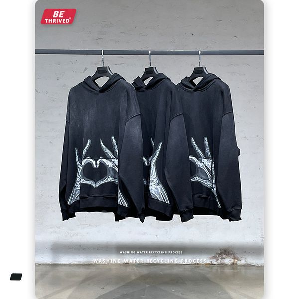 

be menswear | 2021 autumn skeleton refill printing spray monkey used sweater men's high street fashion hoodie, Black