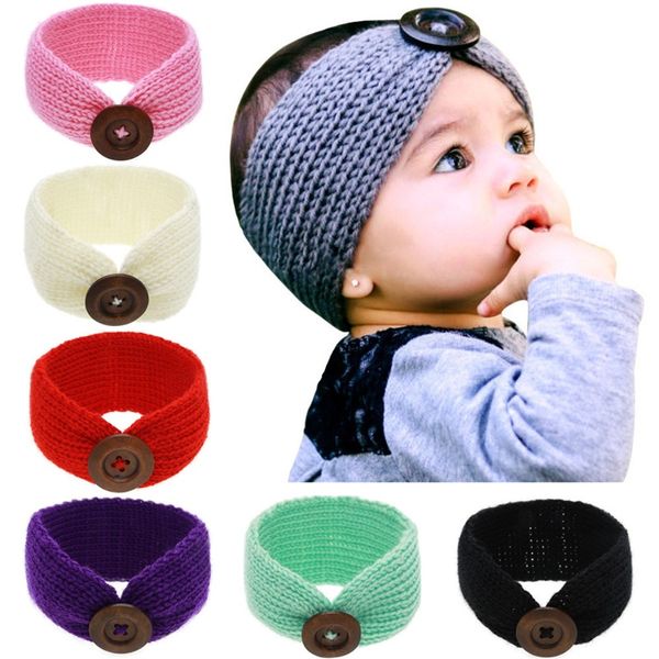 Hairband infantil recém-nascido com botão decoração orelha cabeça aquecedor cabeça dénea de lã crochet headband malha nova meninas inverno 13 cores 848 v2