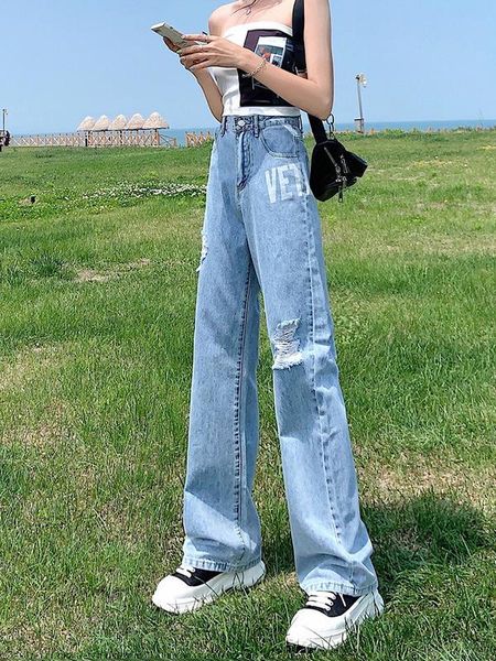 

women's jeans 2021 ripped wide-legged autumn thin, Blue