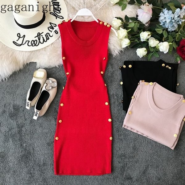 Gaganight Tank Frauen Gestrickte Herbst Winter Midi Kleid Solide Ärmellose Elastische Dünne Bodycon Party Kleider Damen Taste Koreanische 210519