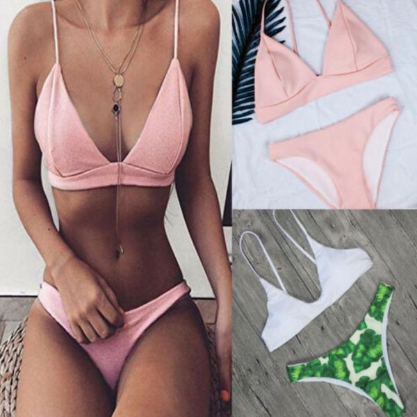 

padded bra bikini set women solid color swimsuit bandage push-up triangle swimwear bathing suit 2 pcs two-piece suits