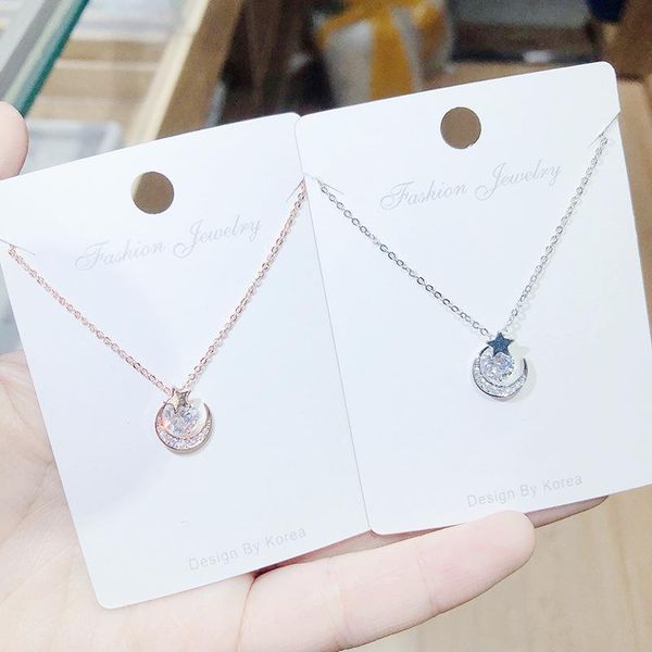 

pendant necklaces queen lotus brand korean star and moon necklace for women zircon chain choker jewelry two colors, Silver