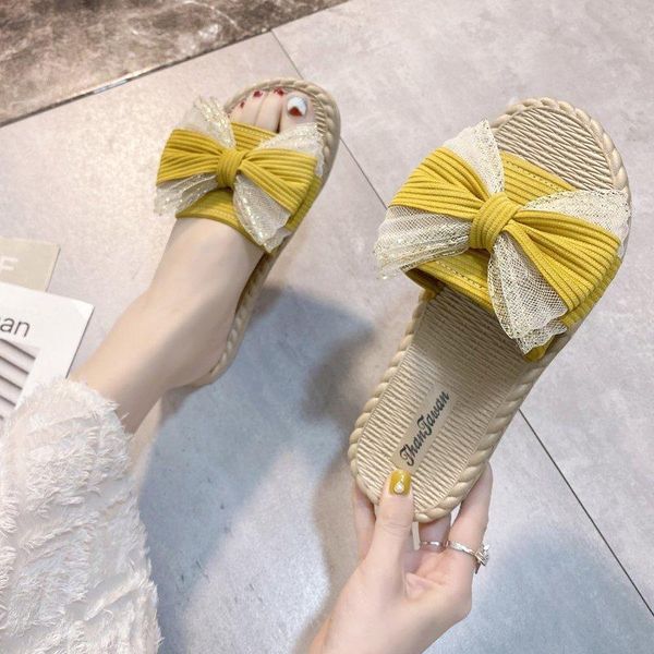 

summer slippers women's sandals wear fashion bow non slip comfortable flat bottom beach walking shoes, Black