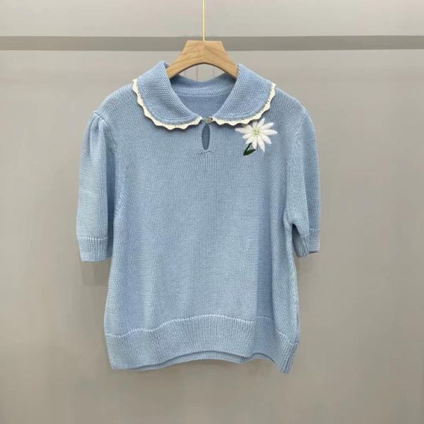 

women's polos 100% cotton women fashion summer vintage elegant sweet cute flower embroidery puff sleeve shirt top, White