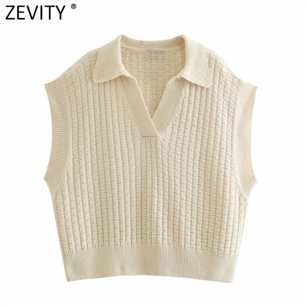

zevity women vintage turn down collar check plaid solid knitting sweater female casual loose vest chic pullovers sw694 211008, Black;white