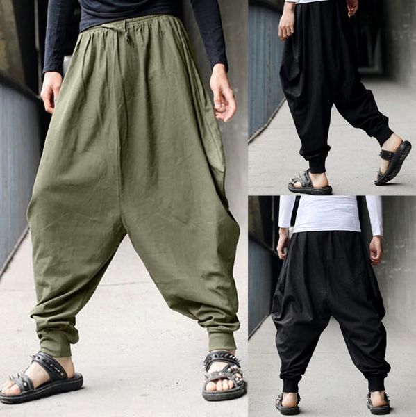 

men's pants harem cotton linen festival baggy solid trousers retro gypsy, Black