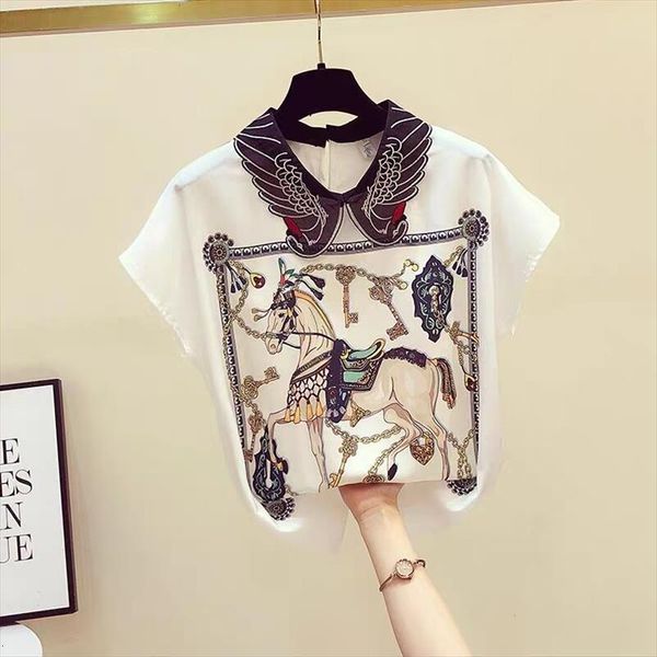 

summer vintage horse printed women shirts chiffon casual loose blusas, White